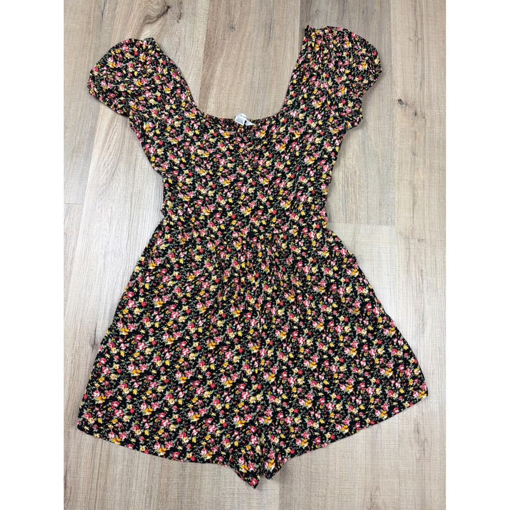 American Eagle Floral Romper Black Multi Color Smocked Back Pockets Small